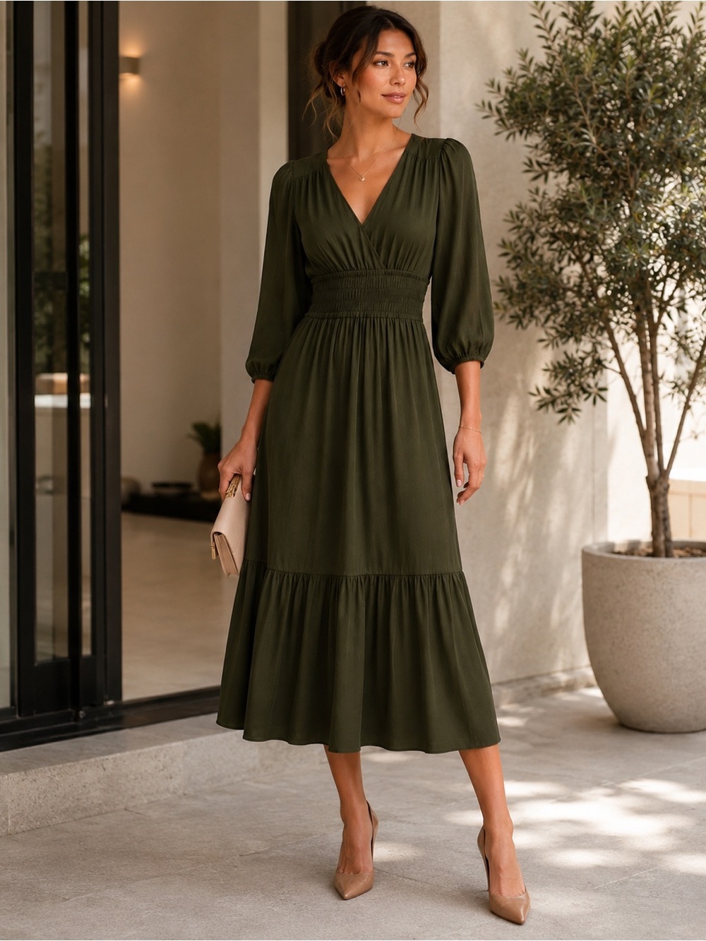 Grade & Gather Olive Green Satin Maxi Dress XSP NWT Minimalist Quiet Luxury
